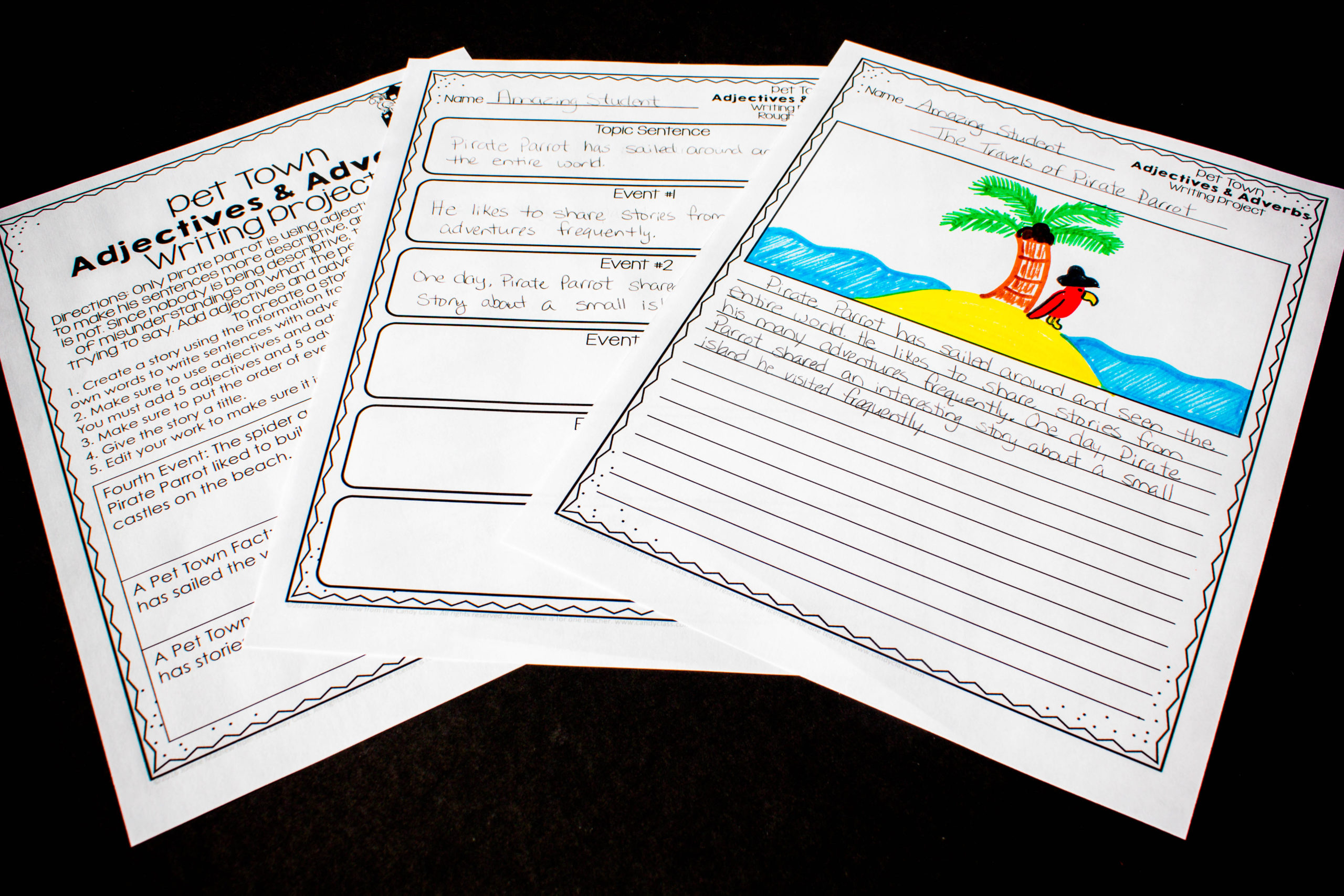 This shows an example of an adjective and adverb writing activity.