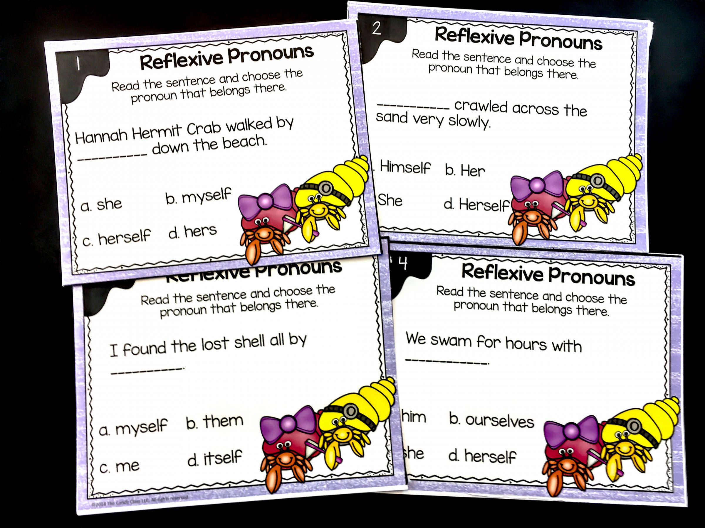 close up of reflexive pronoun task cards